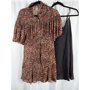 Free People Dark Brown Floral Print Button Front Mini Dress With Slip S